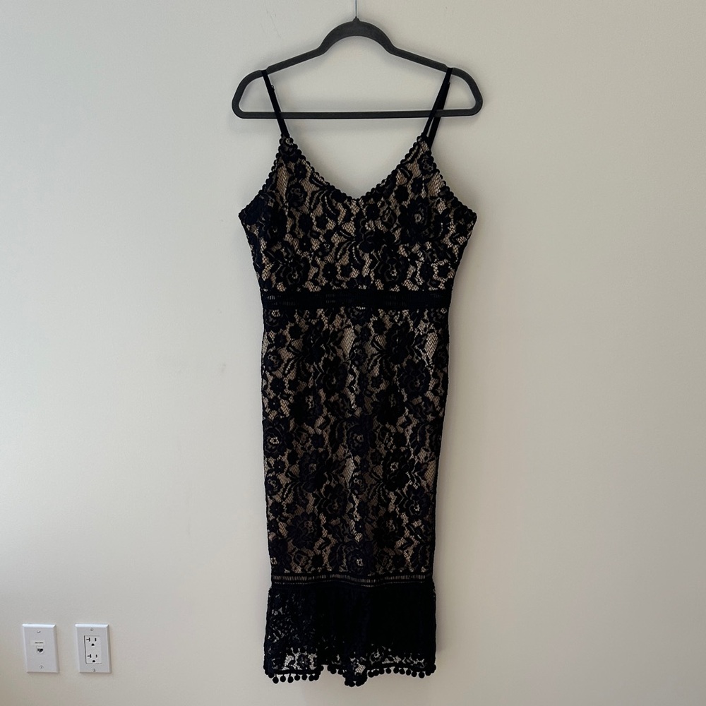 A.B.S. Collection VTG Sz 10 Elegant Black Lace Dress w/Pom Pom Hem